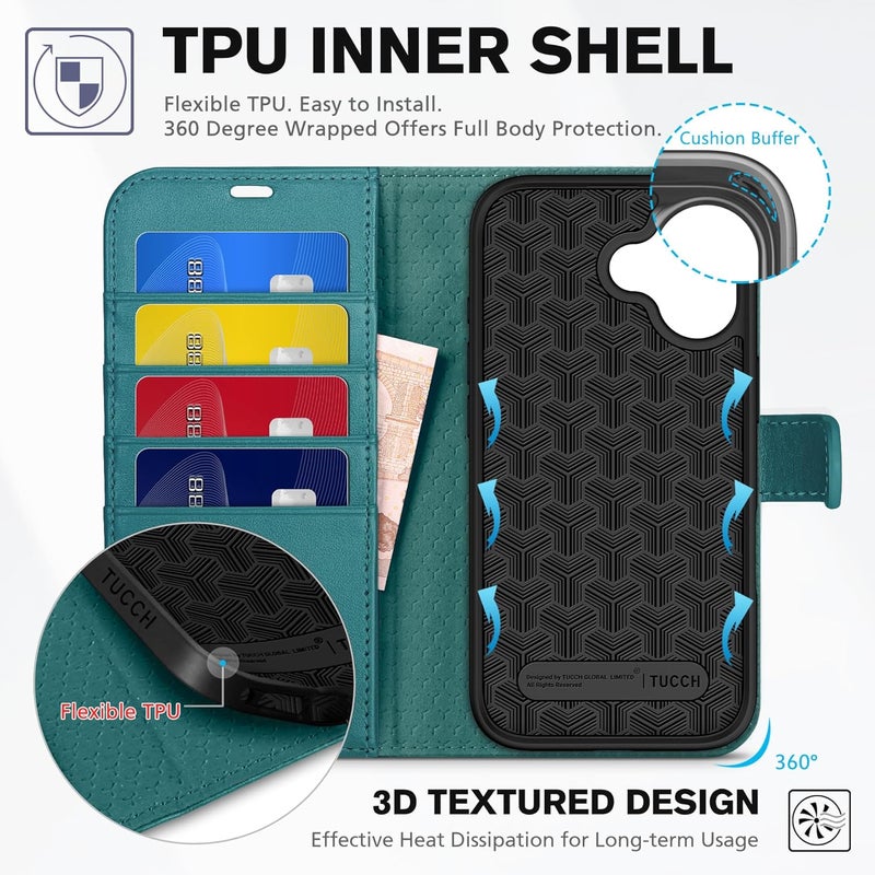 TUCCH Wallet Case for iPhone 17 (6.3") 2025, 4 Card Holders | RFID Blocking | Stand | Shockproof TPU Shell | PU Leather | Magnetic Closure | Protective Flip Folio Cover | Bluish Green - Image 5
